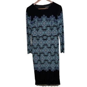 LIZ CLAIBORNE Sheath Midi Dress Black Teal Multi Fully Lined Dress Size‎ 6